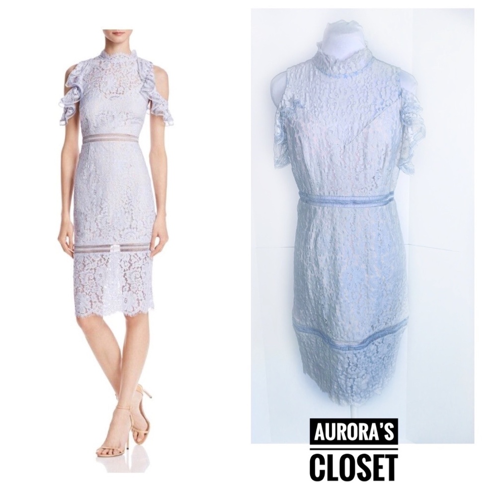 Keepsake L Periwinkle Blue Oblivion Lace Sheath Dress Cutout